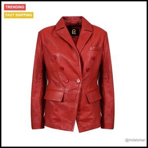 Genuine Leather Blazer Jacket Double-Breasted Tailored Elegant Chic Outerwear